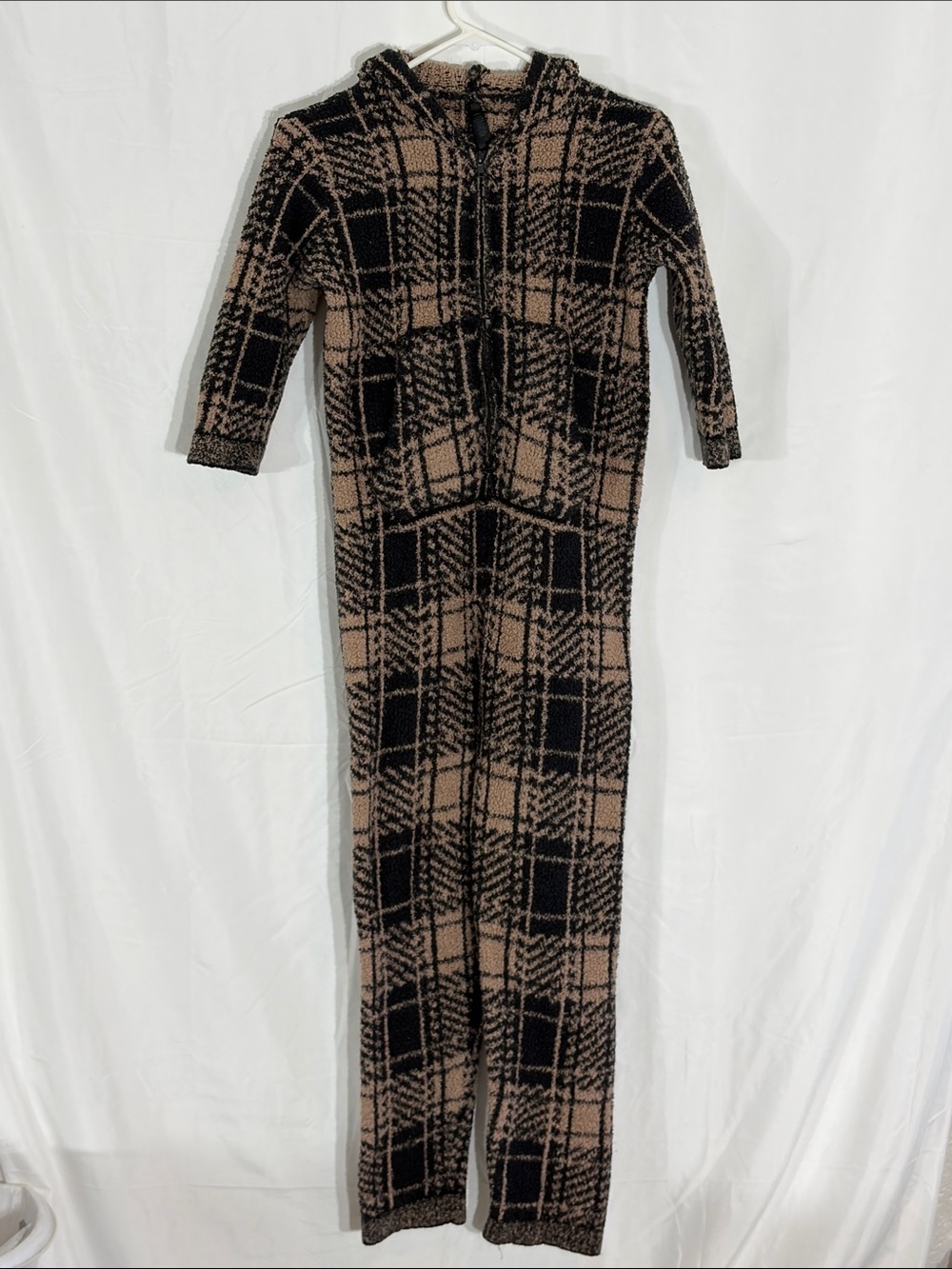 Skims Plaid Knit Long Sleeve Hooded Jumpsuit - Black & Tan